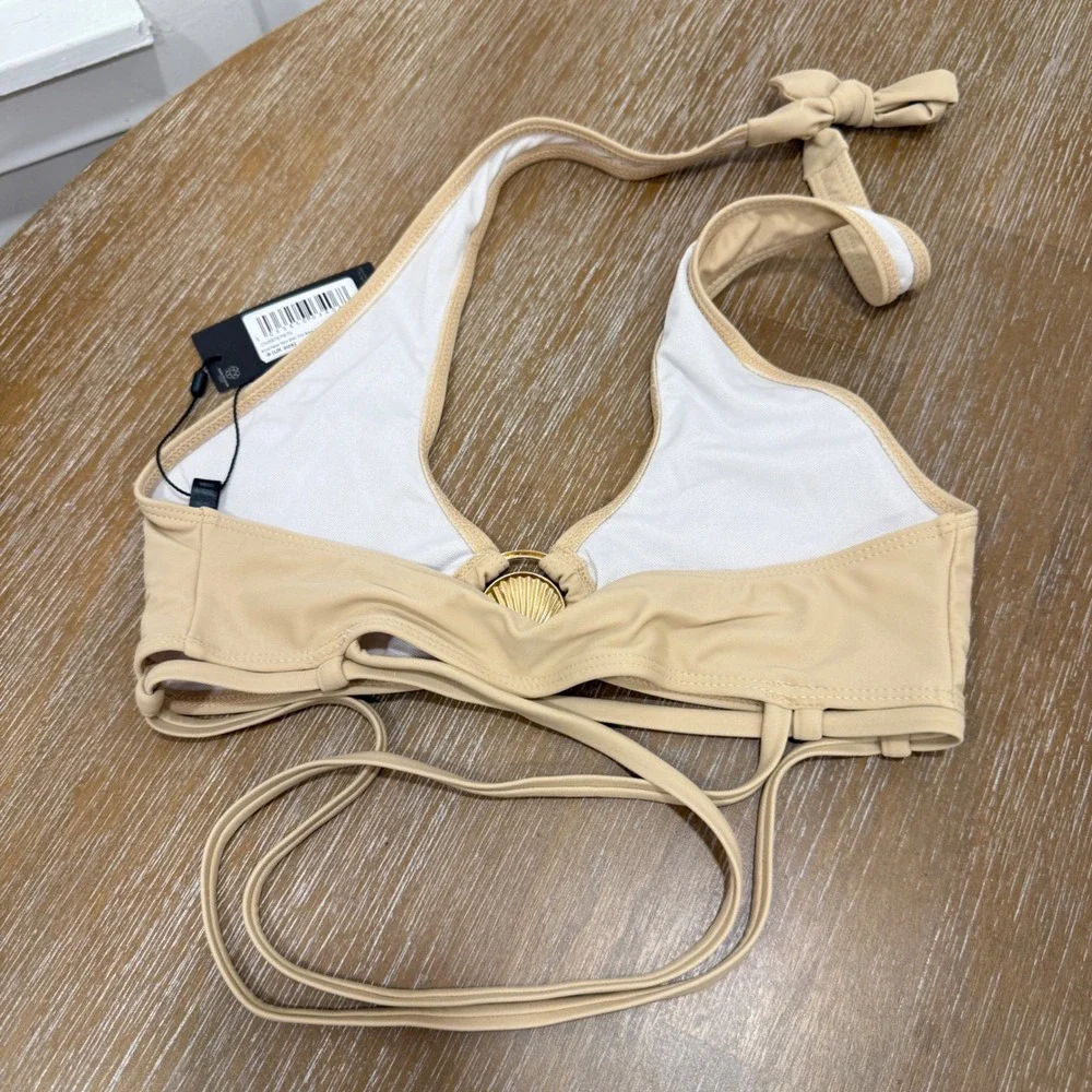 PrettyLittleThing Stone Halter Neck Shell Trim Beige Bikini Top‎ 4 Beach Neutral